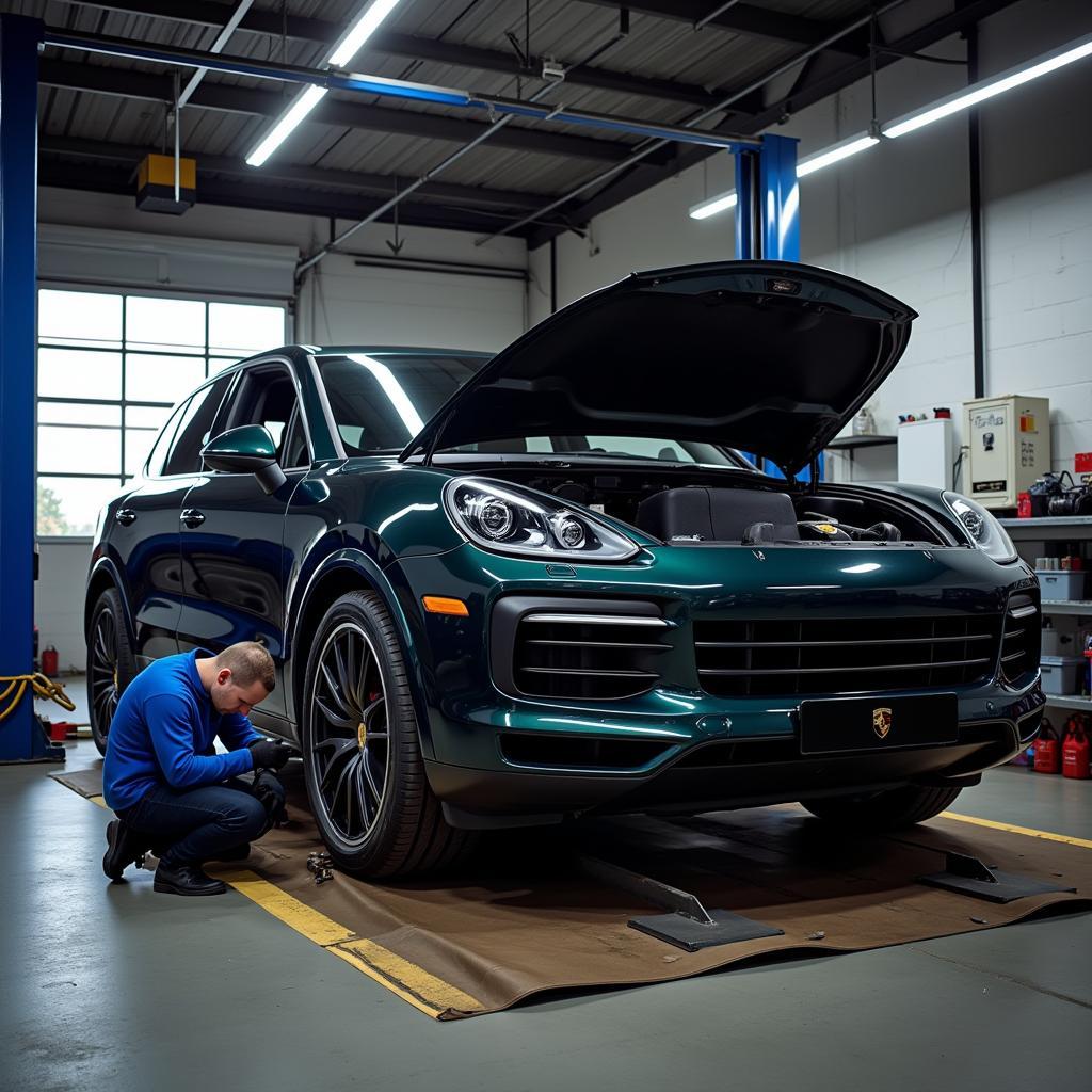 Porsche Cayenne being serviced by a mechanic