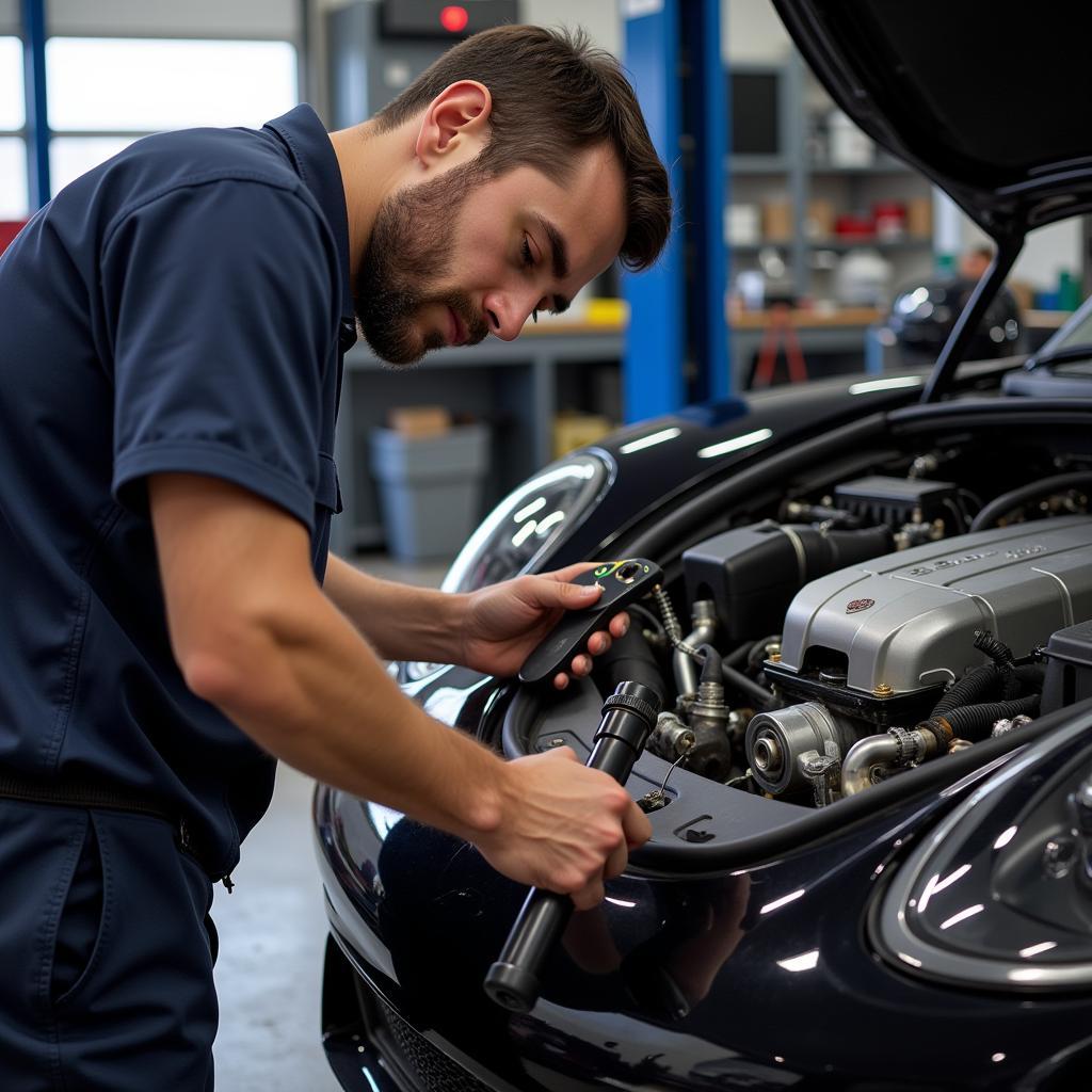 Mechanic Inspecting Porsche EVAP System