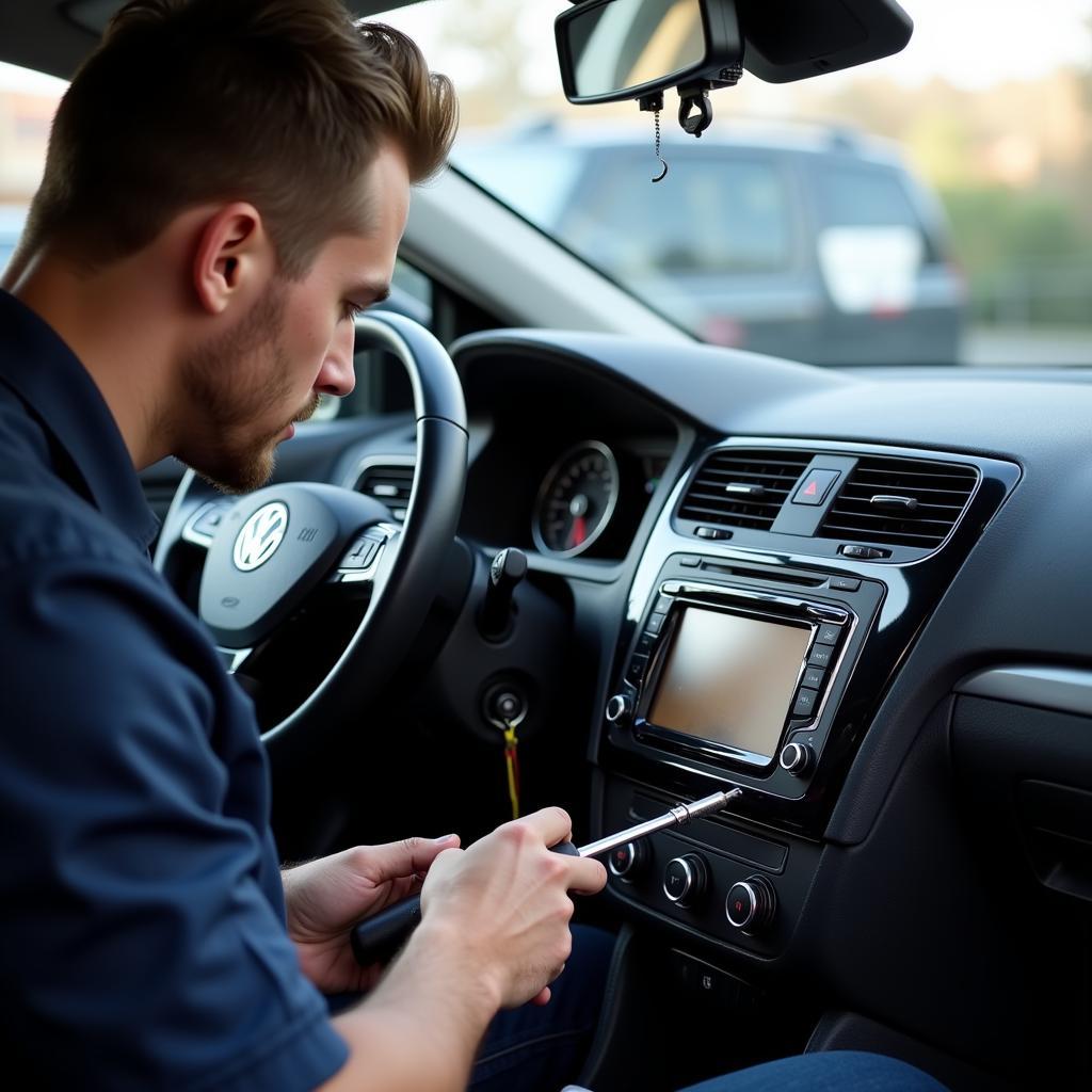 Professional Automotive Locksmith Working on Car Radio