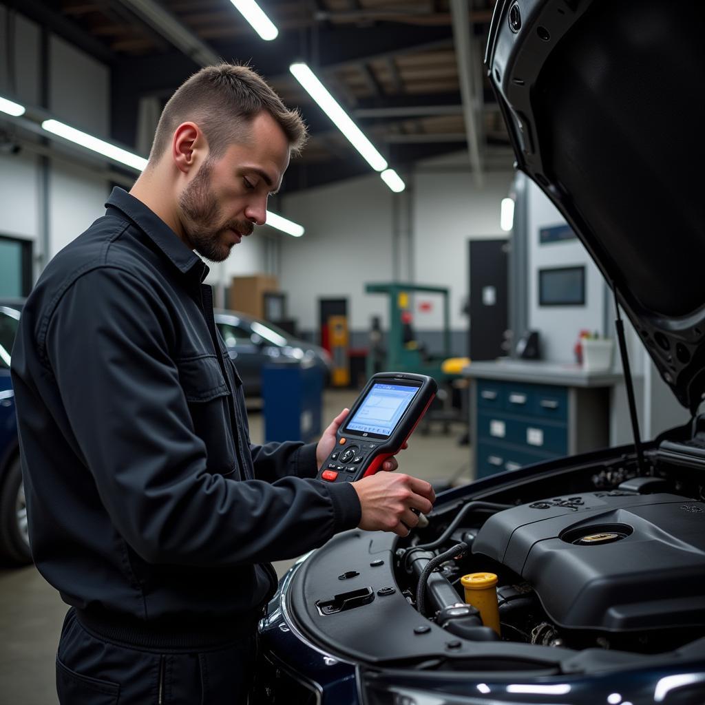 Professional Mechanic Diagnosing Car