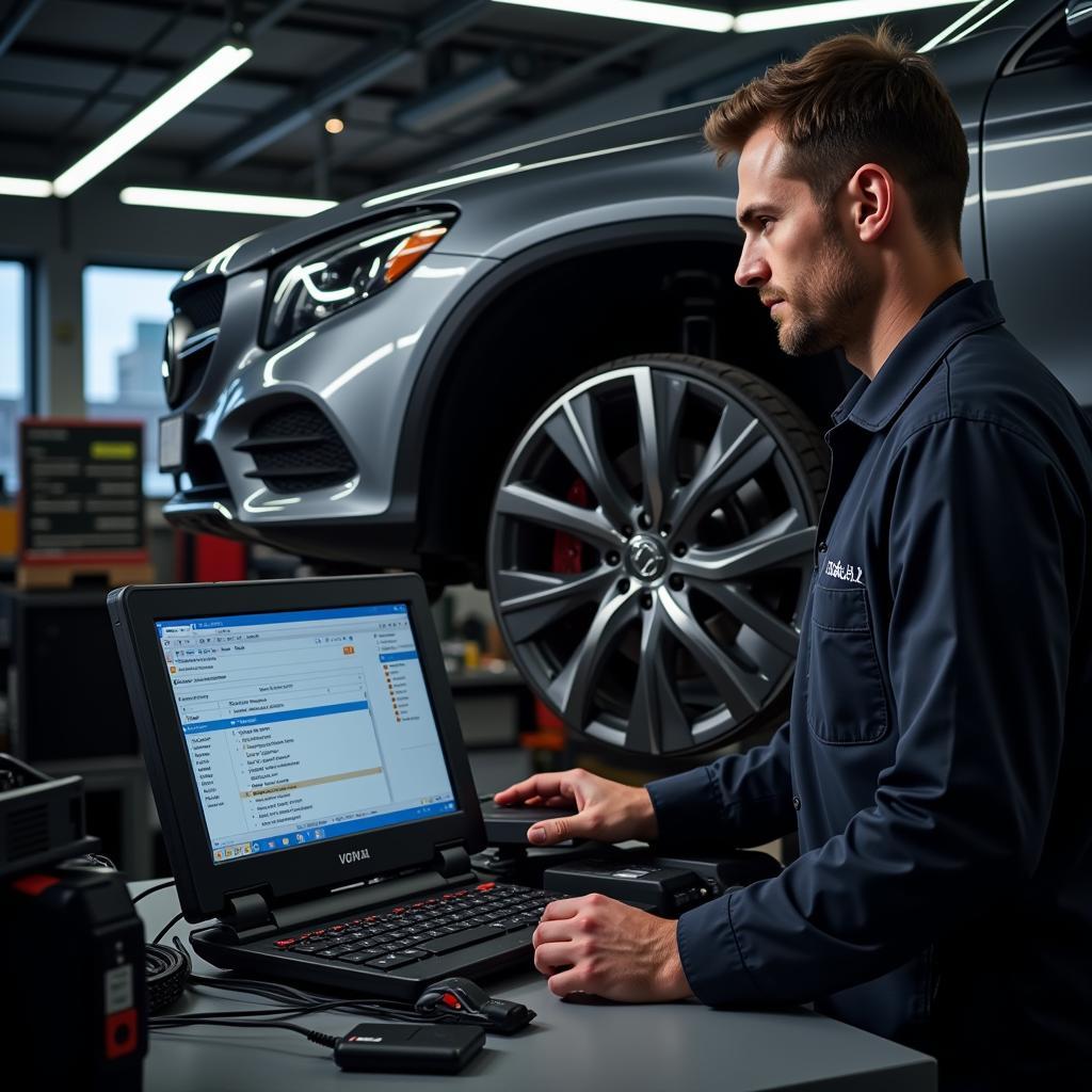 Professional mechanic performing a clutch adjustment using VCDS