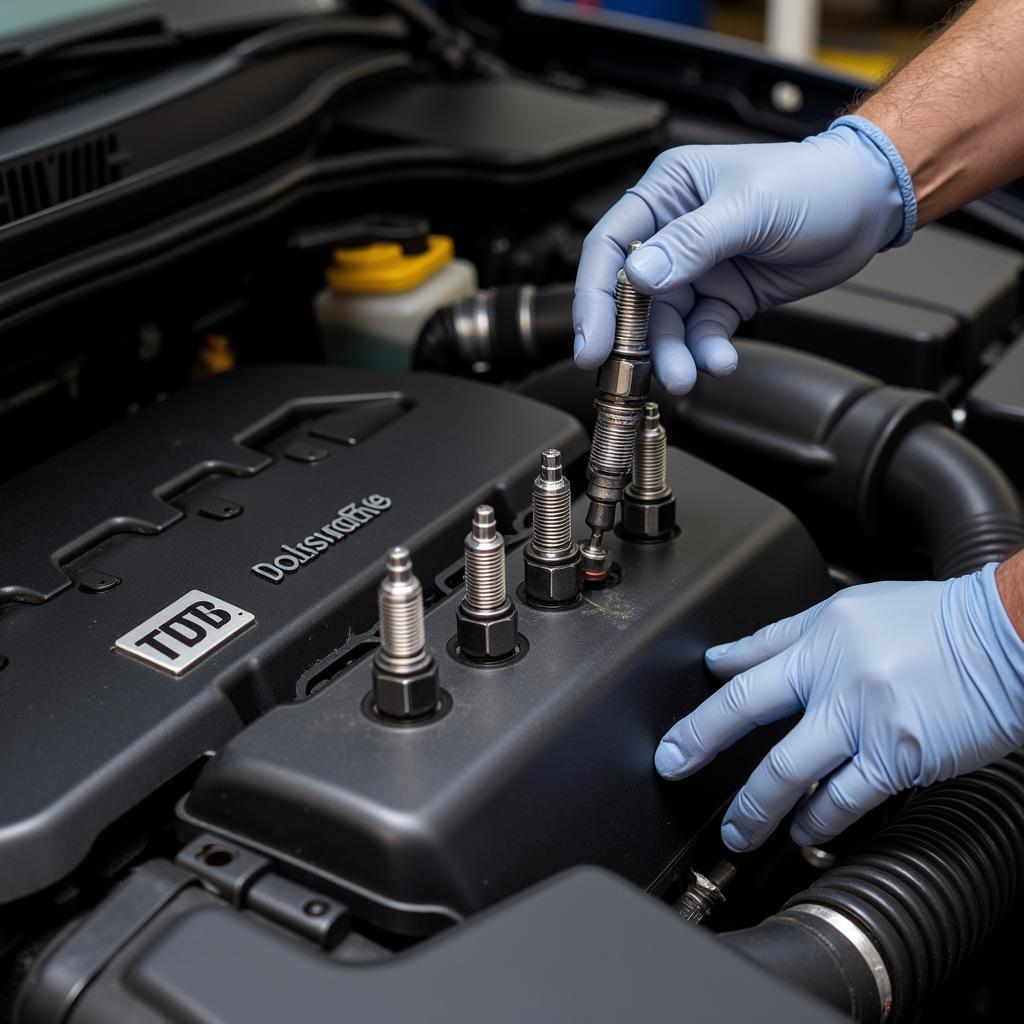 Mechanic replacing spark plugs in a VW engine.