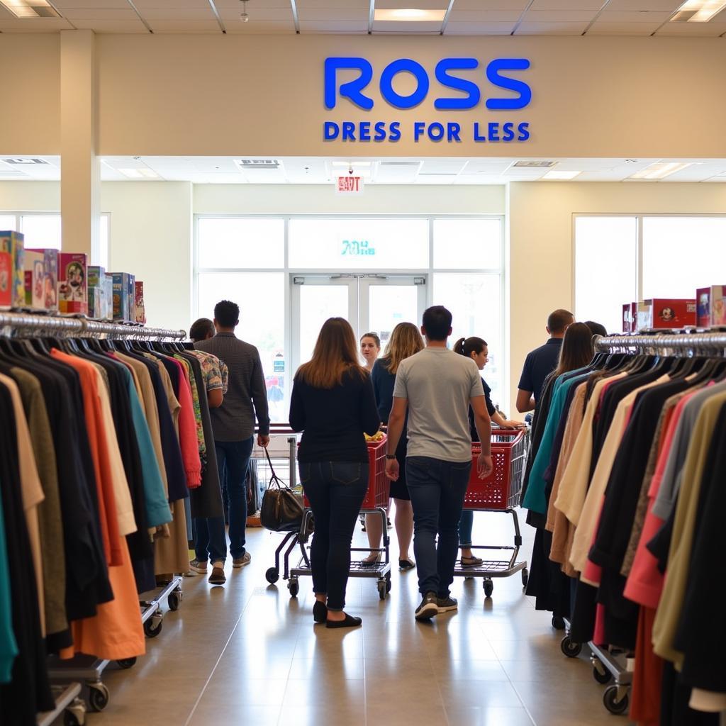 Shoppers browsing the aisles at a Ross Dress for Less store in a busy shopping center.