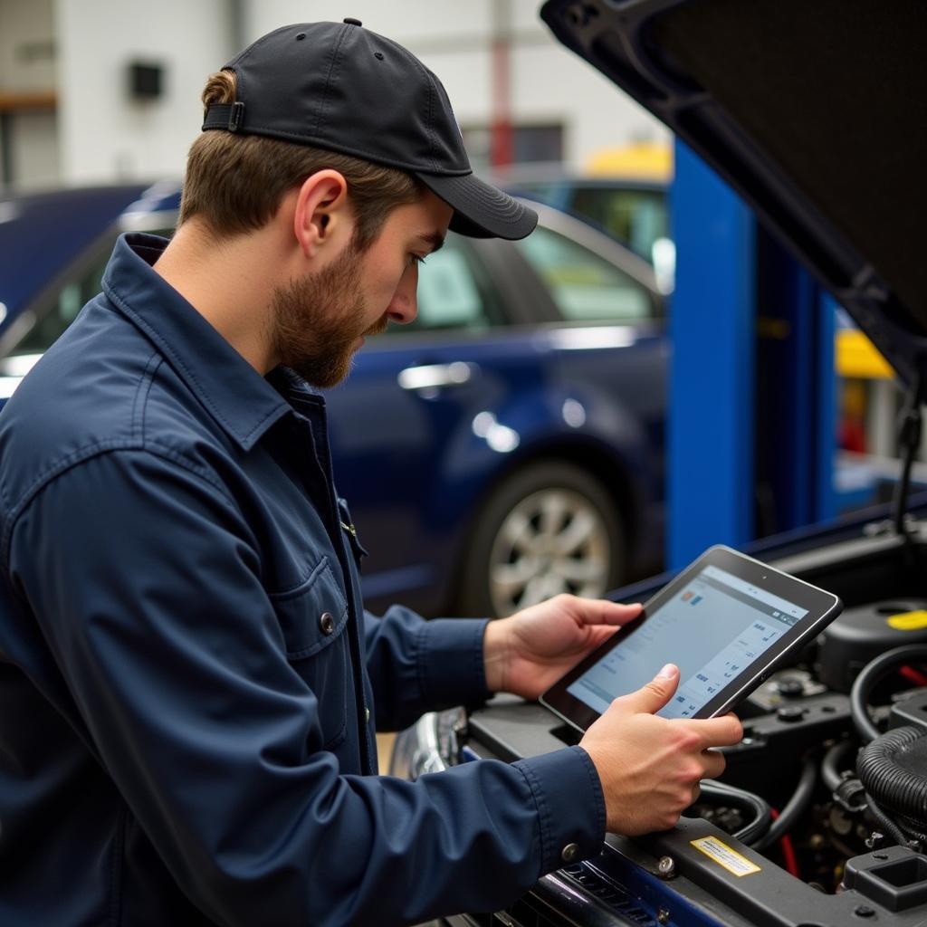 Mechanic using a Ross-Tech Bluetooth module to diagnose a car