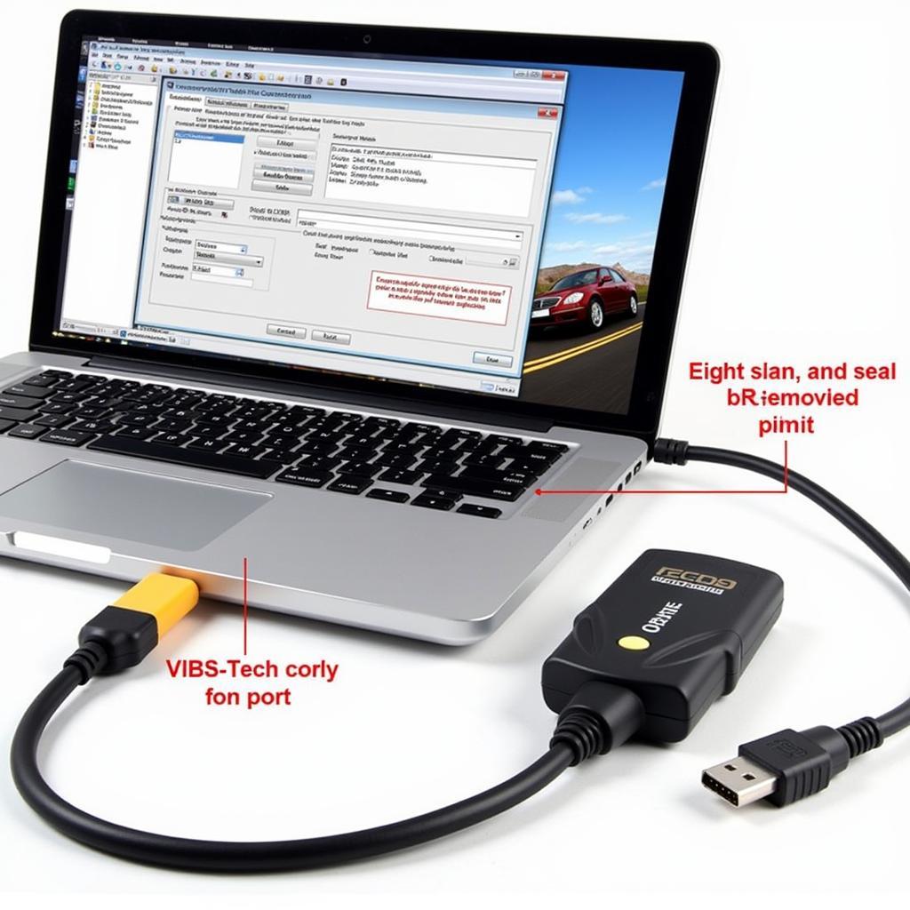 Laptop connected to a car's OBD-II port using a Ross-Tech cable