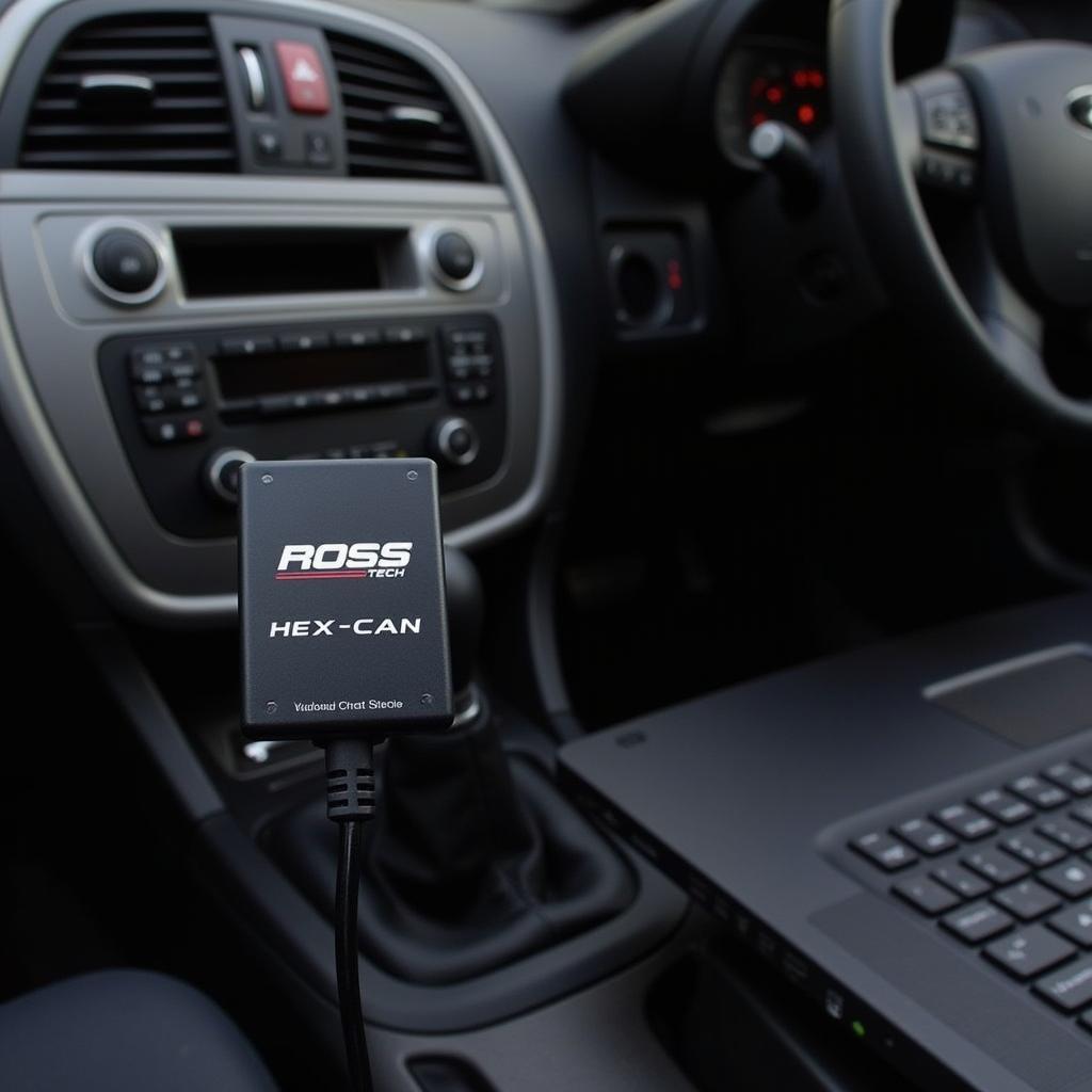 Ross-Tech HEX-CAN Interface connected to a car's OBD port