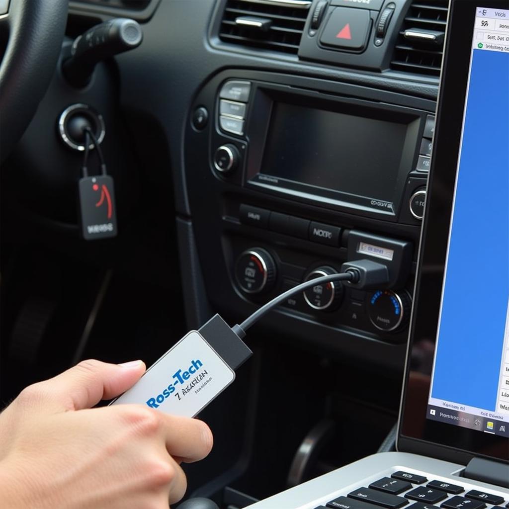 Ross-Tech VCDS HEX USB CAN Interface Connected to a Vehicle's OBD-II Port