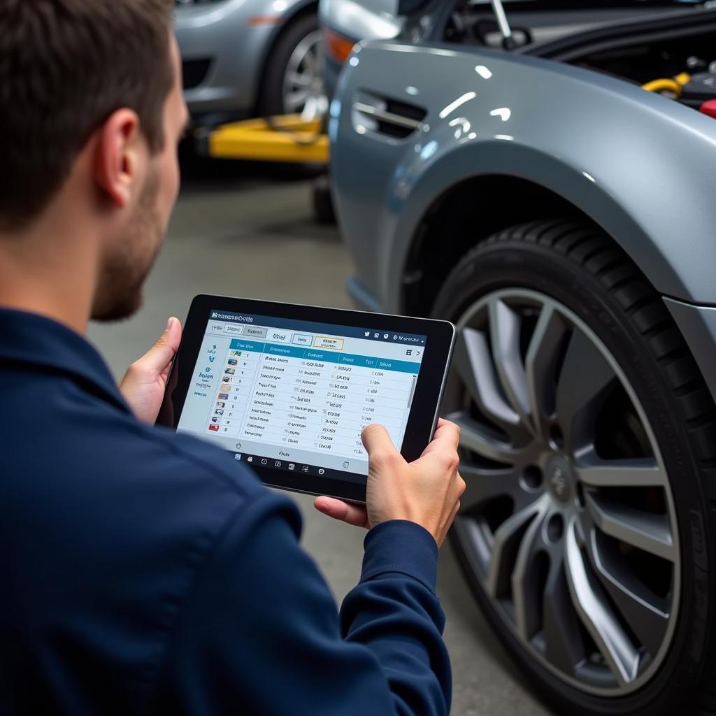 Mechanic using a Ross-Tech VCDS Windows Tablet to diagnose a car