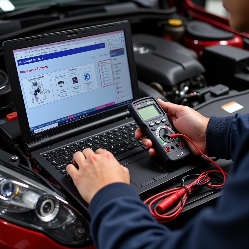 Technician using VAG 106 VCDS for Output Tests