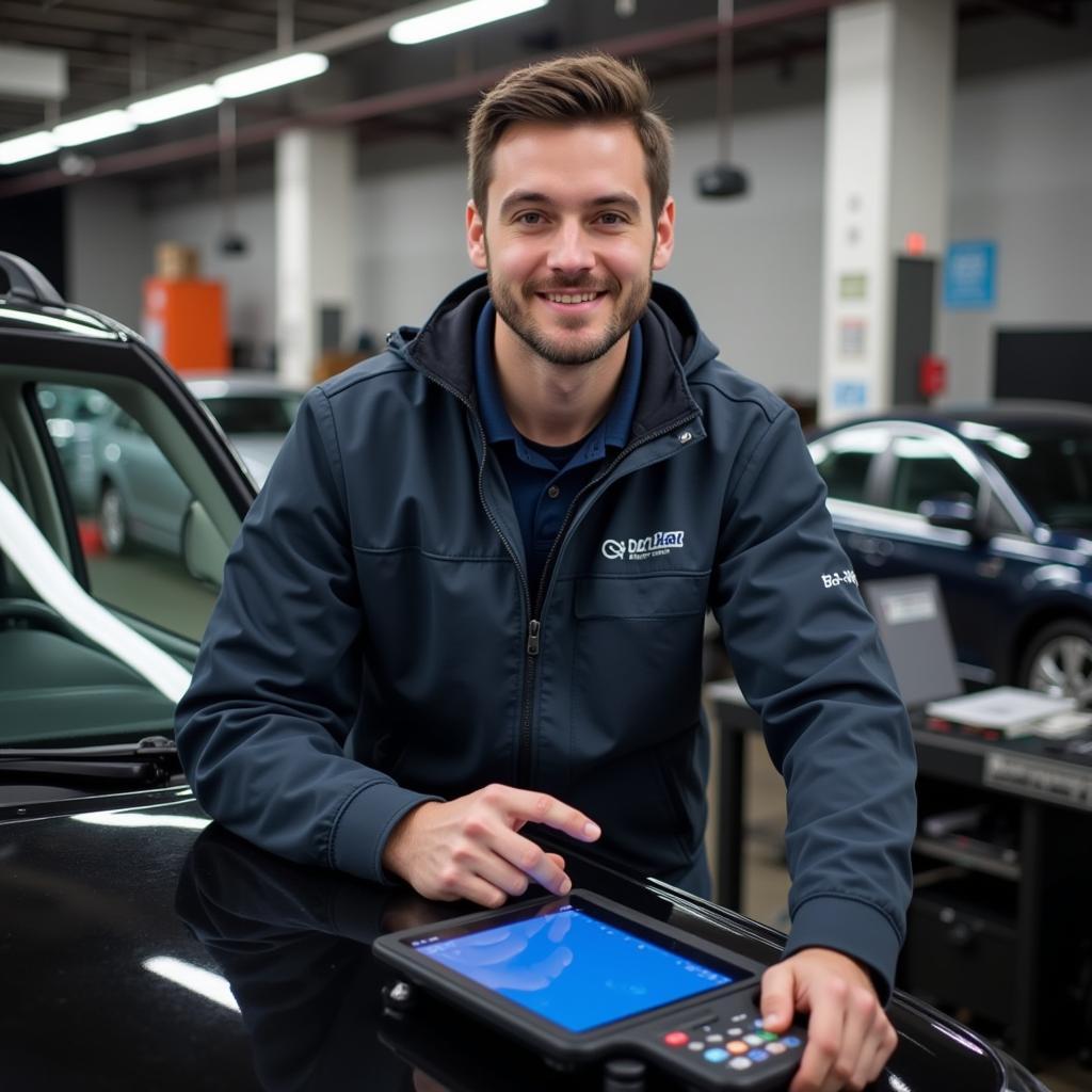 Graduate of Ultrasound Tech Ross Education confidently diagnosing a car problem