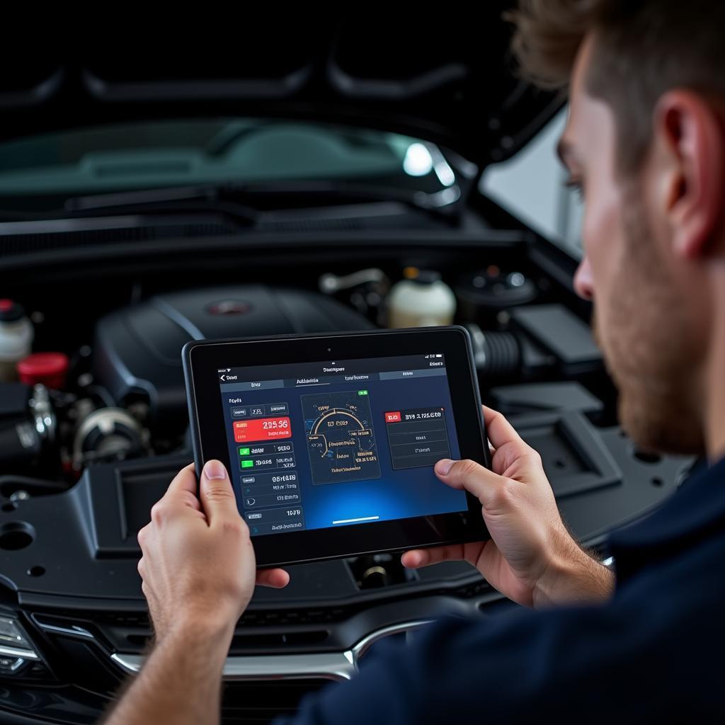 Mechanic using a VAG COM Android Tablet to diagnose a car problem