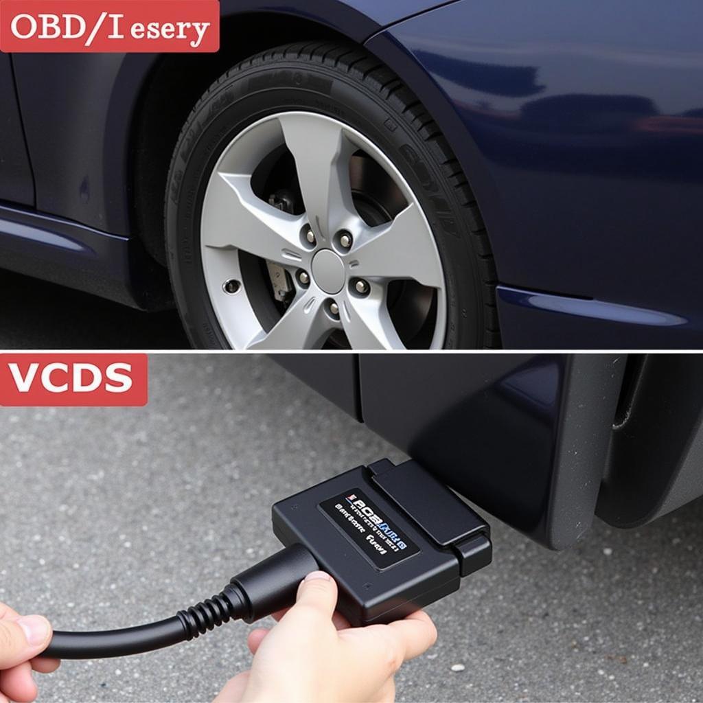 VCDS Cable Connected to a Car's OBD-II Port