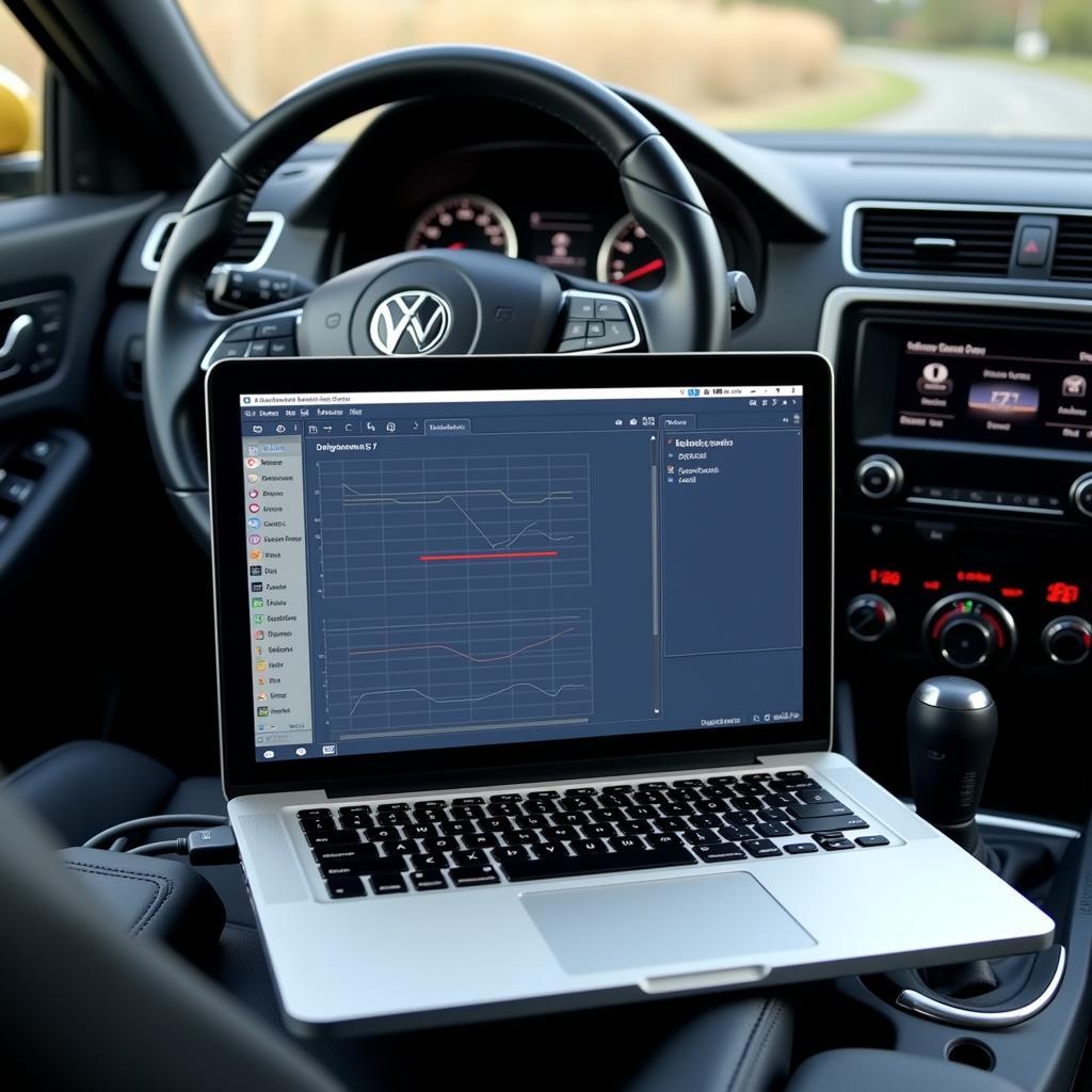 Laptop connected to car's system with a VCDS interface cable.