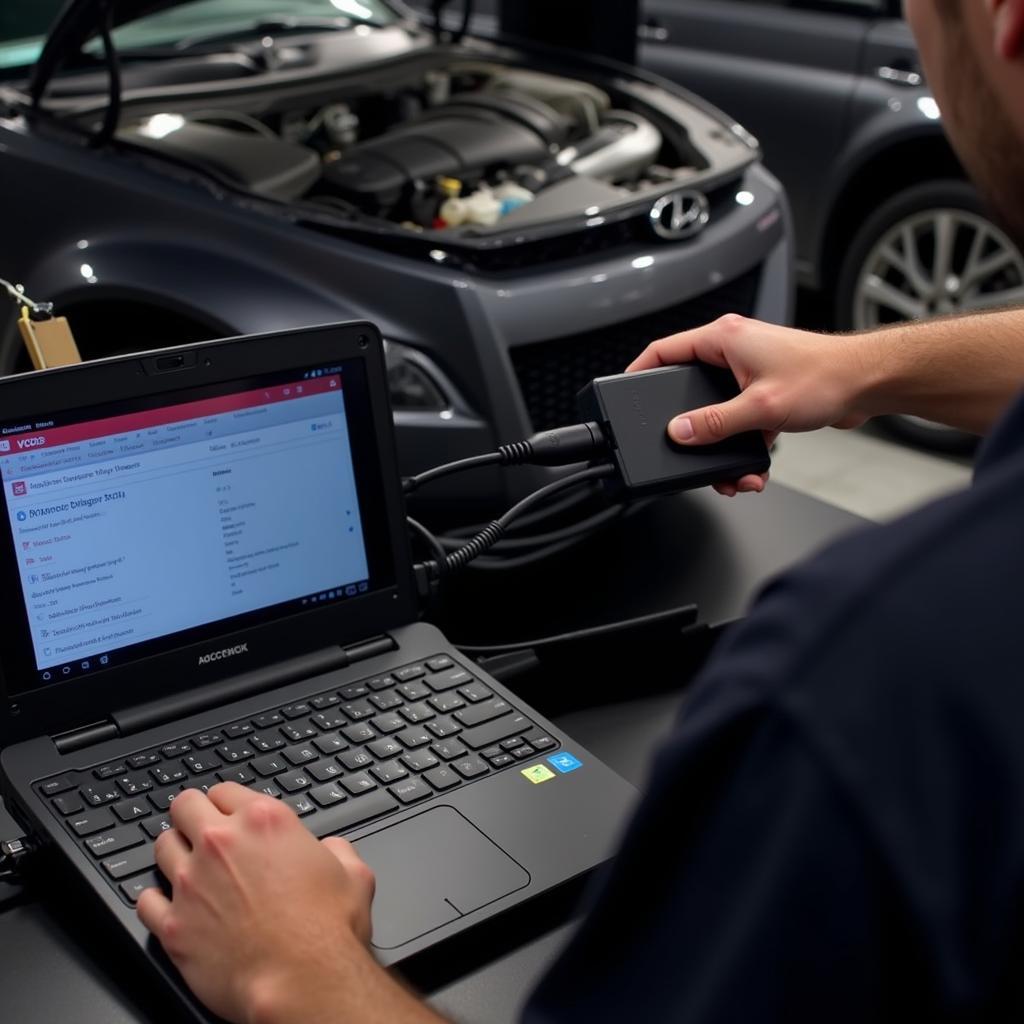 A mechanic using a VCDS Professional Kit to diagnose a car