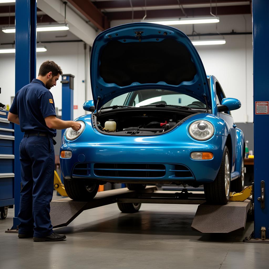 VW Beetle Undergoing Repair at Mechanic Shop