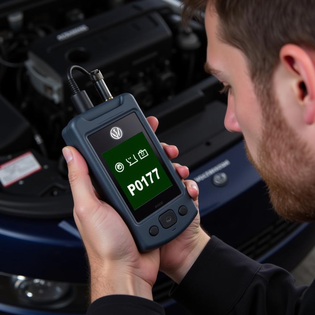 Mechanic using an engine code reader on a VW engine