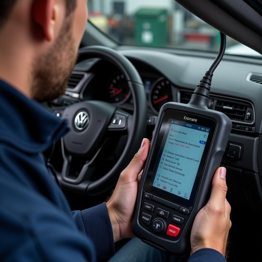 Mechanic using a diagnostic tool on a Volkswagen car