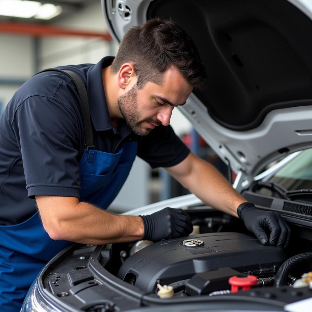 Mechanic inspecting a VW engine bay