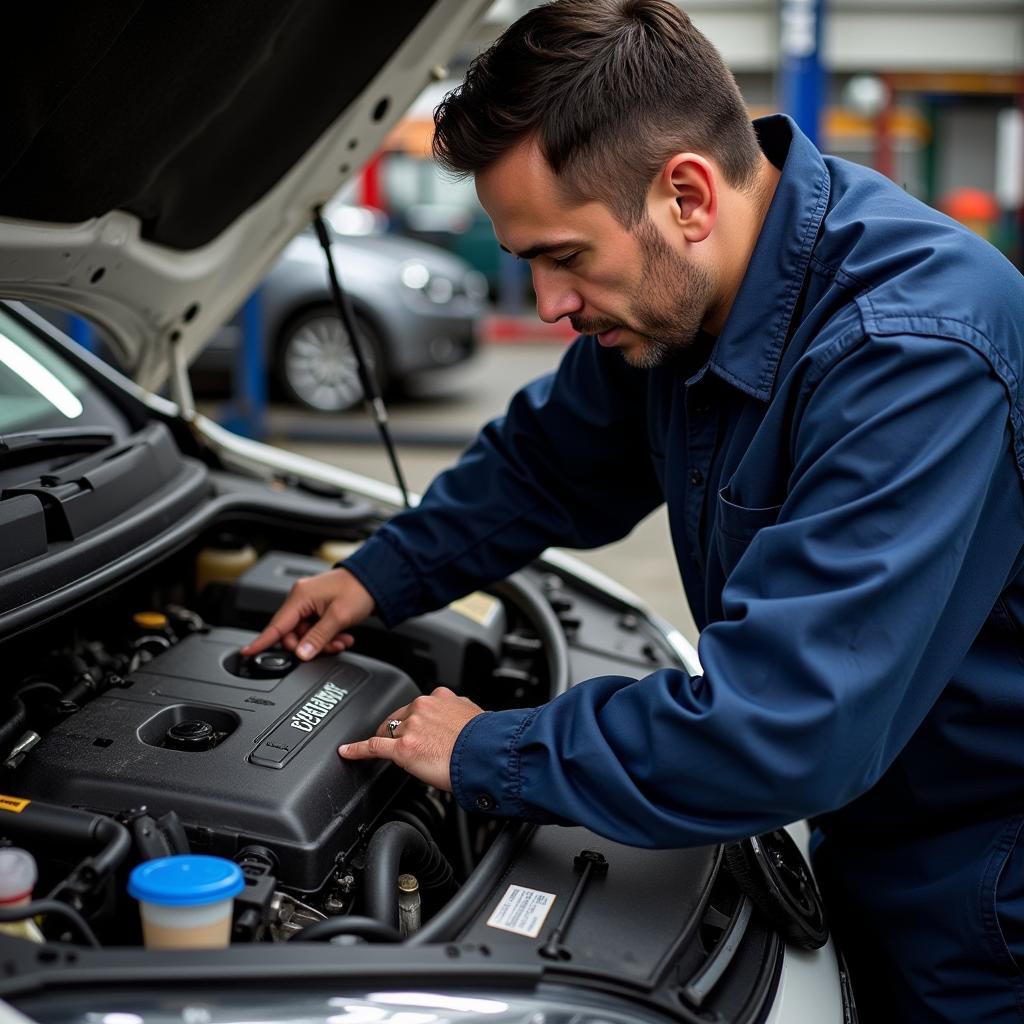 Mechanic Repairing a VW Golf Mk4 Engine