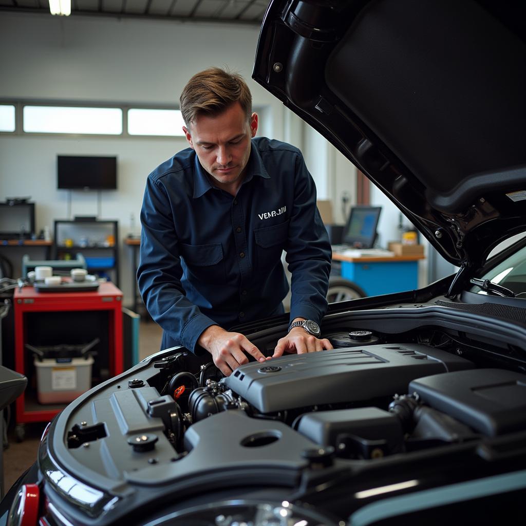 Mechanic Inspecting a VW GTI Engine