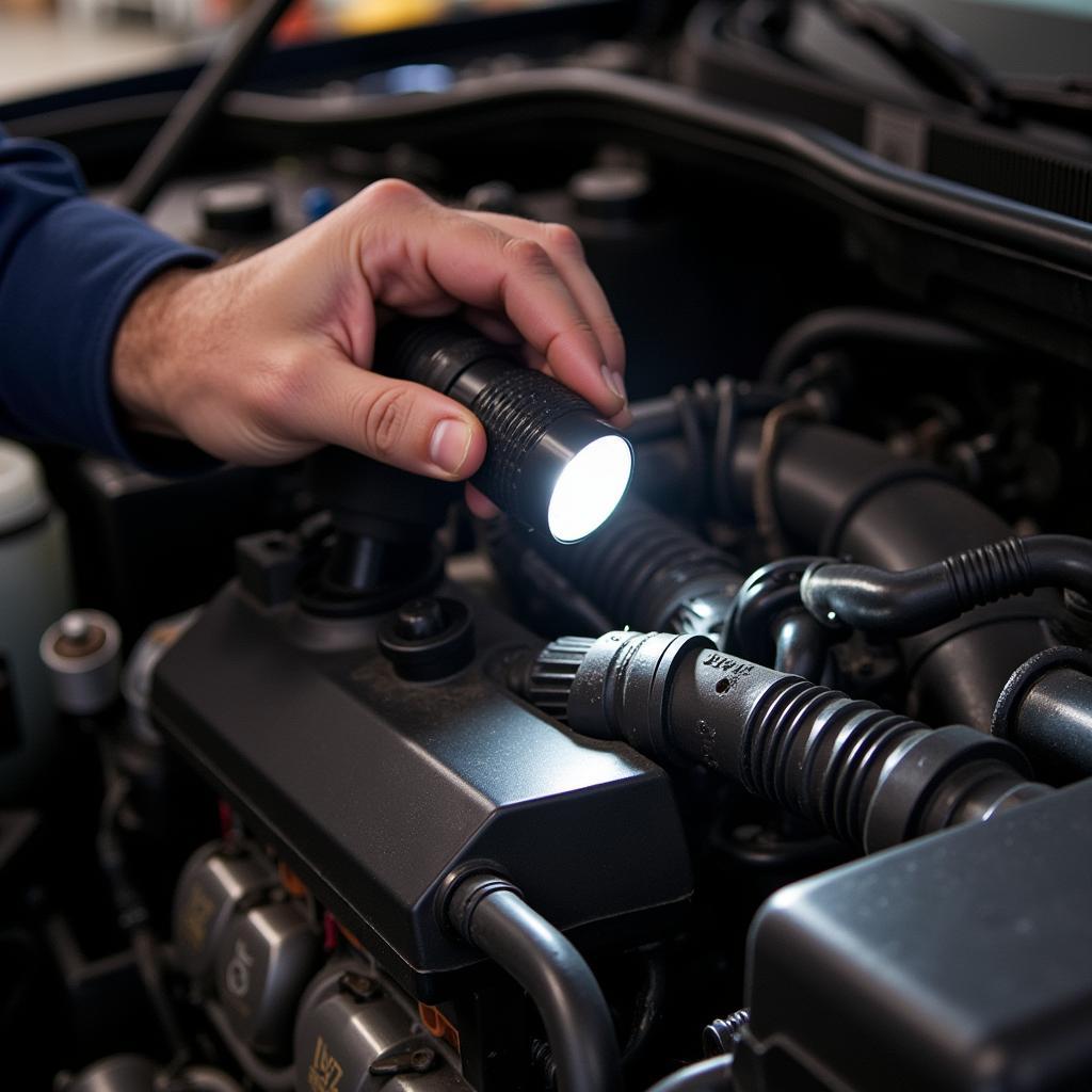 Mechanic Inspecting Vacuum Hoses for Leaks on a 2002 VW Jetta