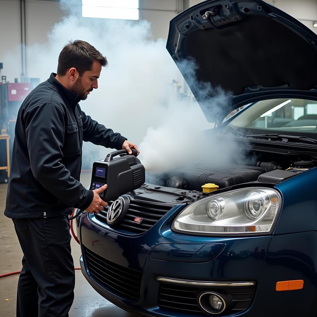 Mechanic Inspecting a VW Jetta for EVAP System Leaks