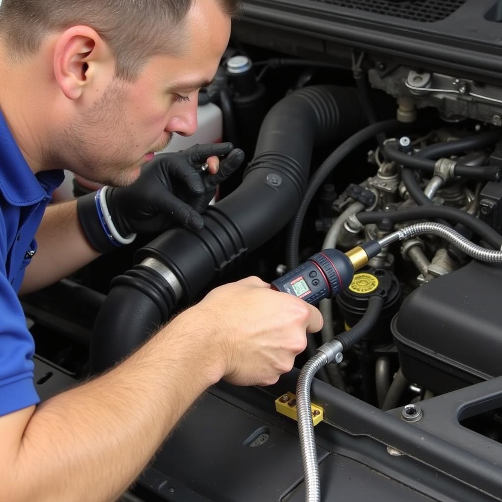 Technician Checking Vacuum Lines on 09 Audi A4: Demonstrating how to inspect vacuum lines for leaks related to the P0243 code.