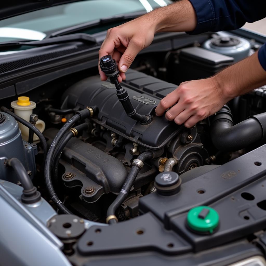 Inspecting Vacuum Lines in a 1998 Audi A4 Engine Bay