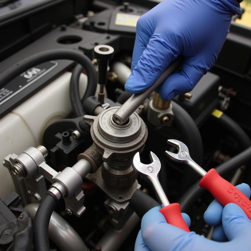 Close-up image of a mechanic inspecting the SAI pump on a 2001 Audi TT engine.