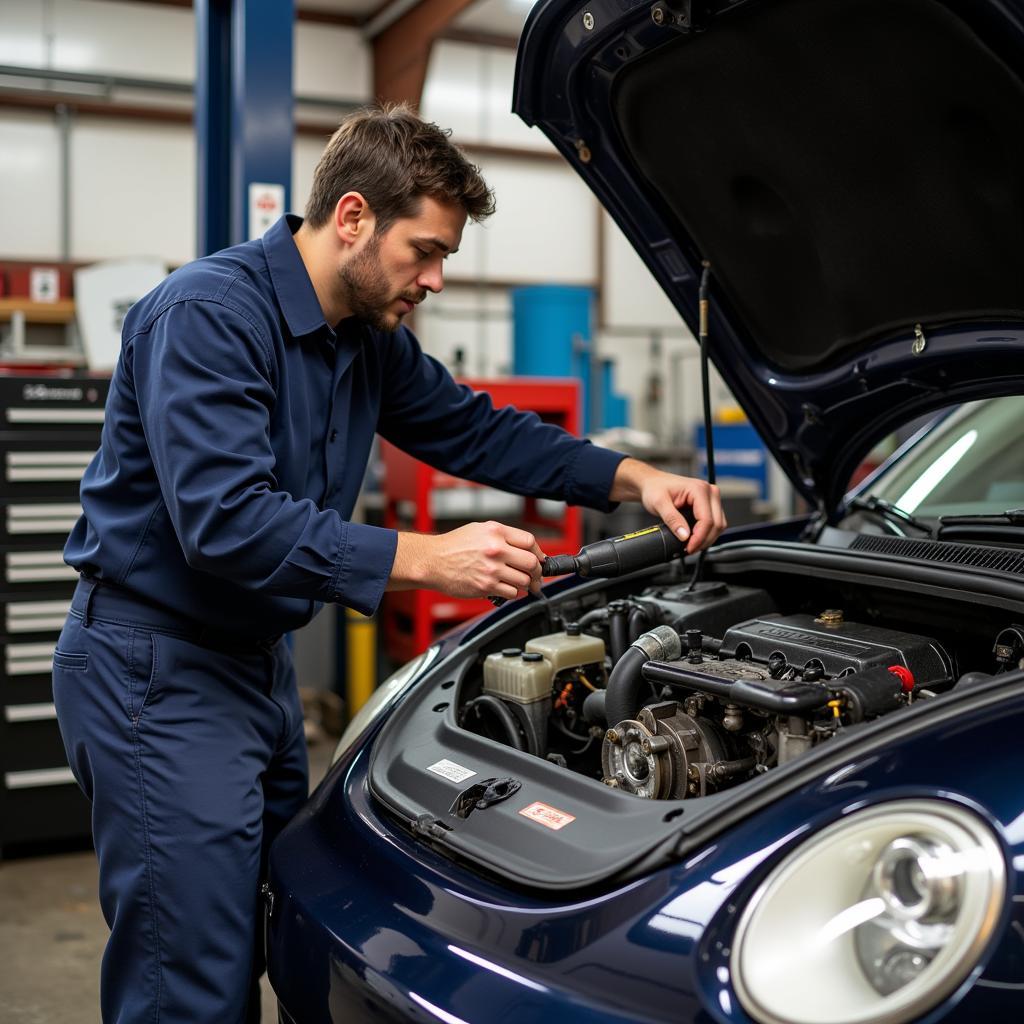 Mechanic repairing the engine of a 2001 VW Beetle 2.0L