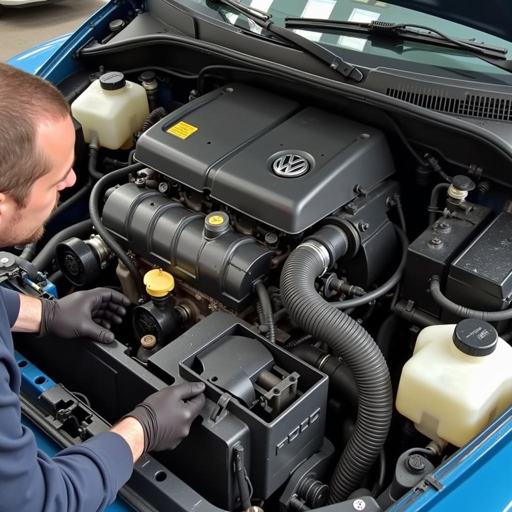 Inspecting the Engine of a 2001 VW Beetle