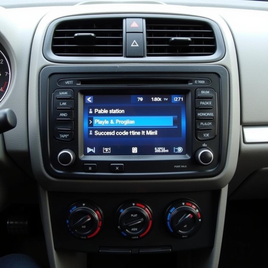 A 2002 VW Beetle radio functioning correctly after the code has been entered, displaying the current radio station and time.