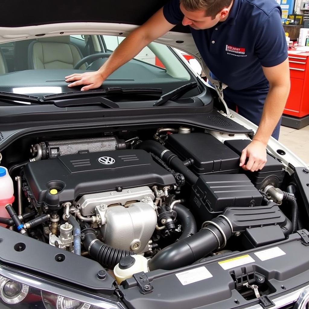 Inspecting the engine compartment of a 2014 VW Jetta TDI