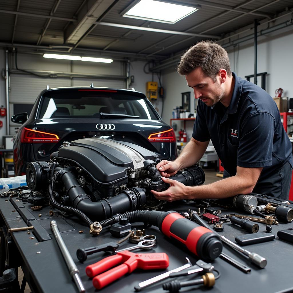 Mechanic repairing a 2018 Audi Q5 engine.