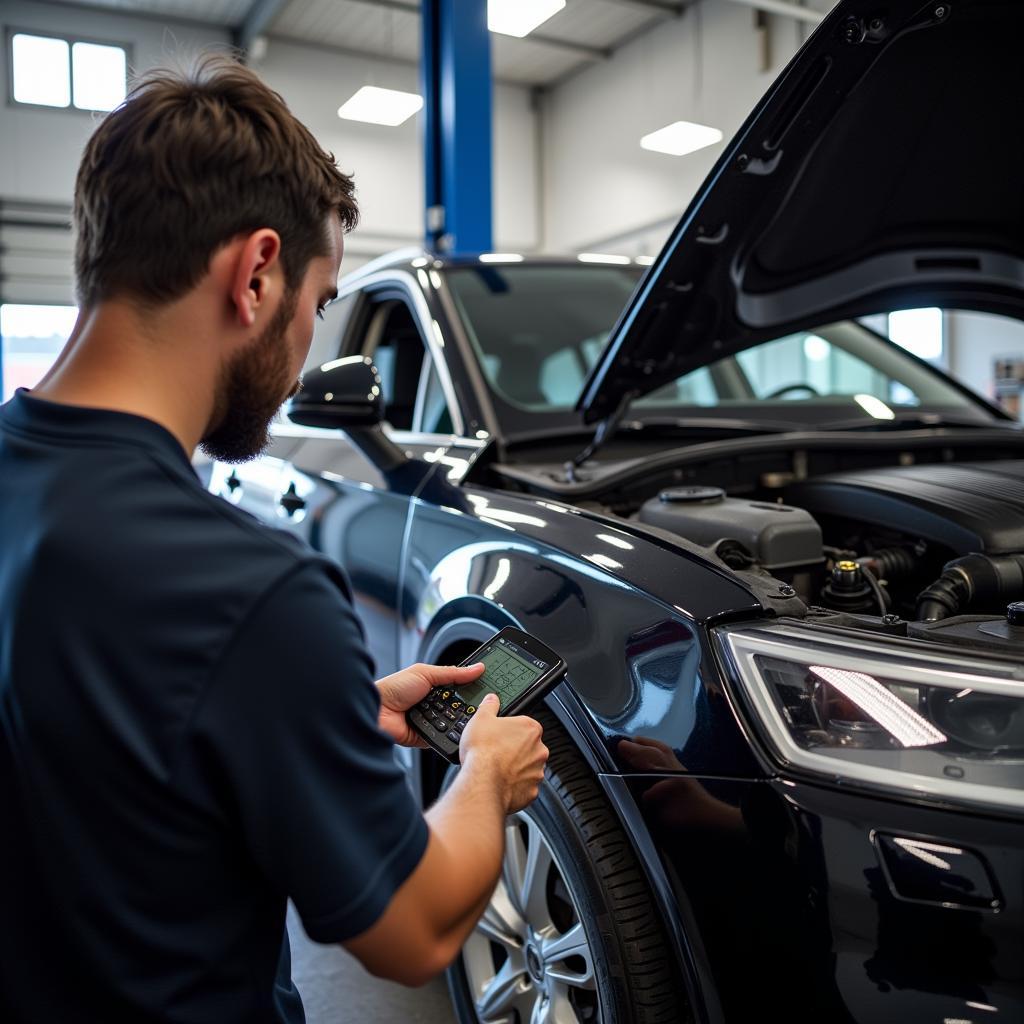 Mechanic diagnosing a 2018 Audi Q5's engine code using a diagnostic tool.