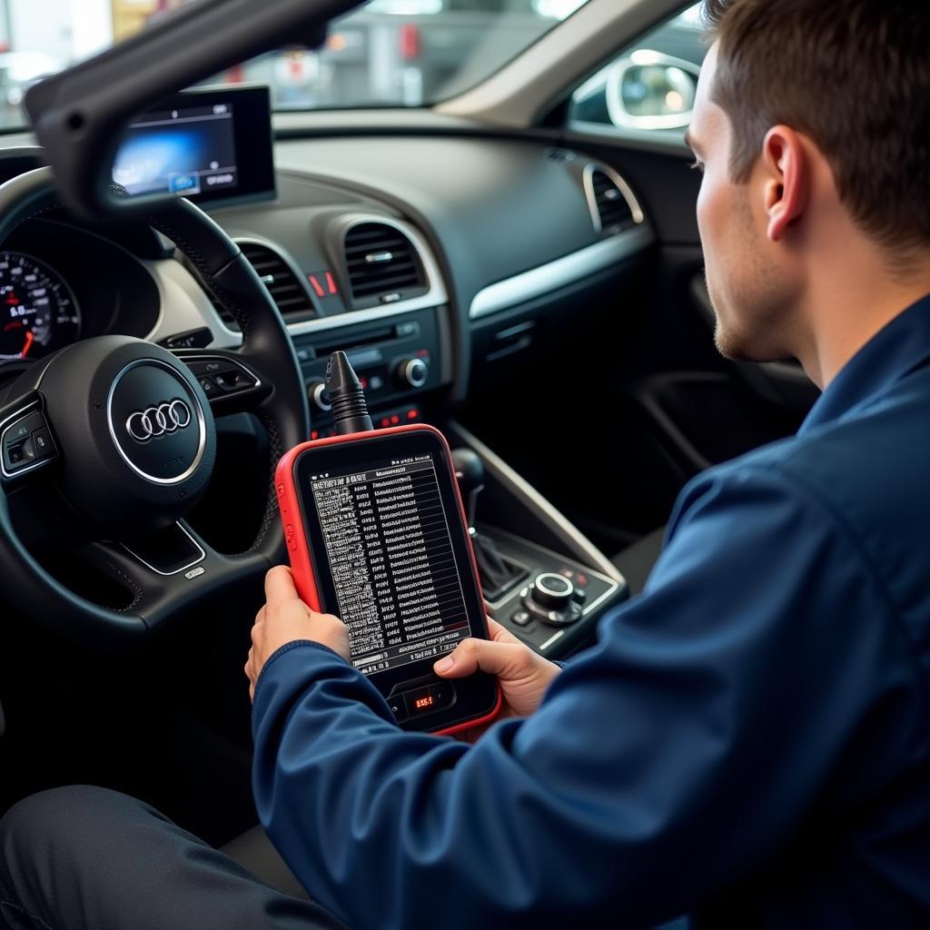 Audi Mechanic Diagnosing OBD2 Codes with a Scan Tool