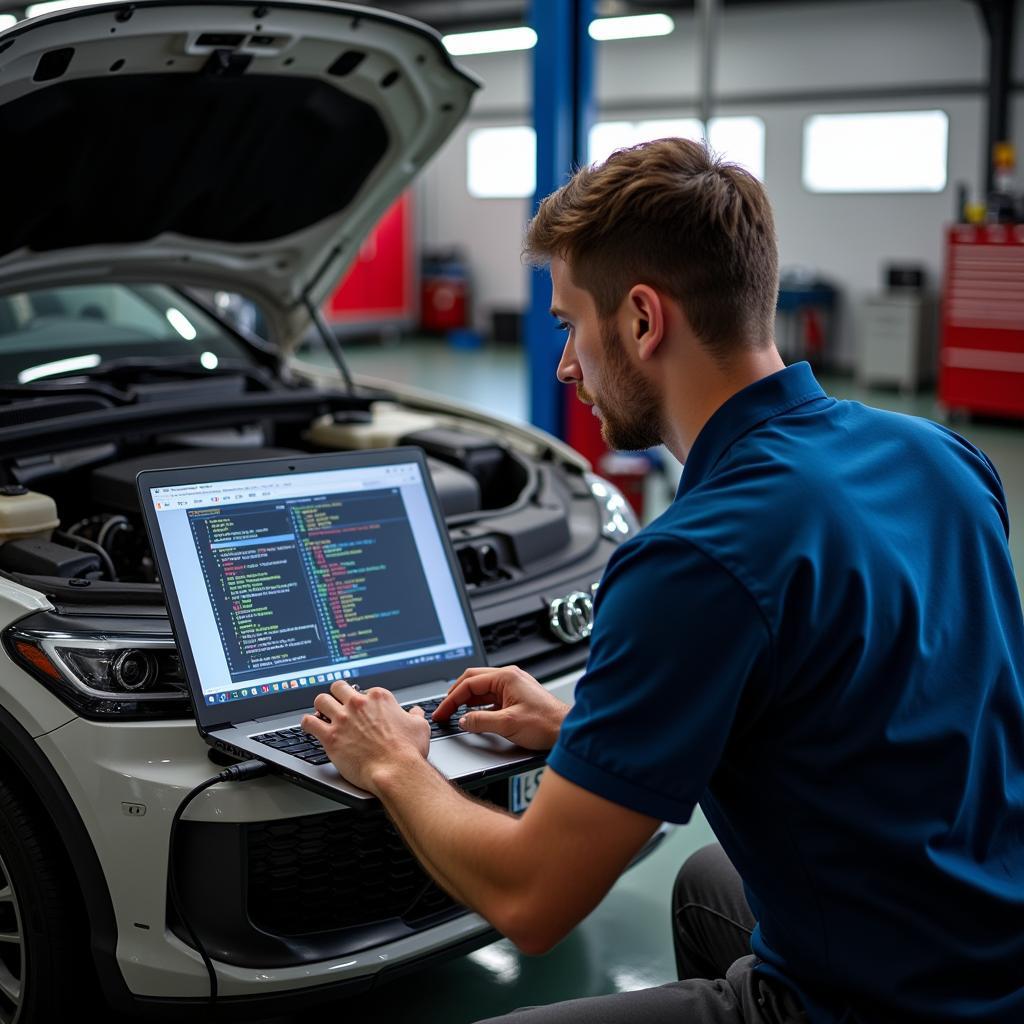 Audi Mechanic Working on Car Diagnostics