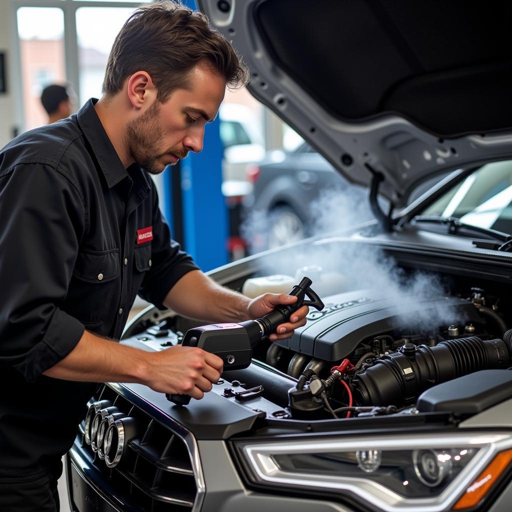 Checking for vacuum leaks in an Audi engine bay