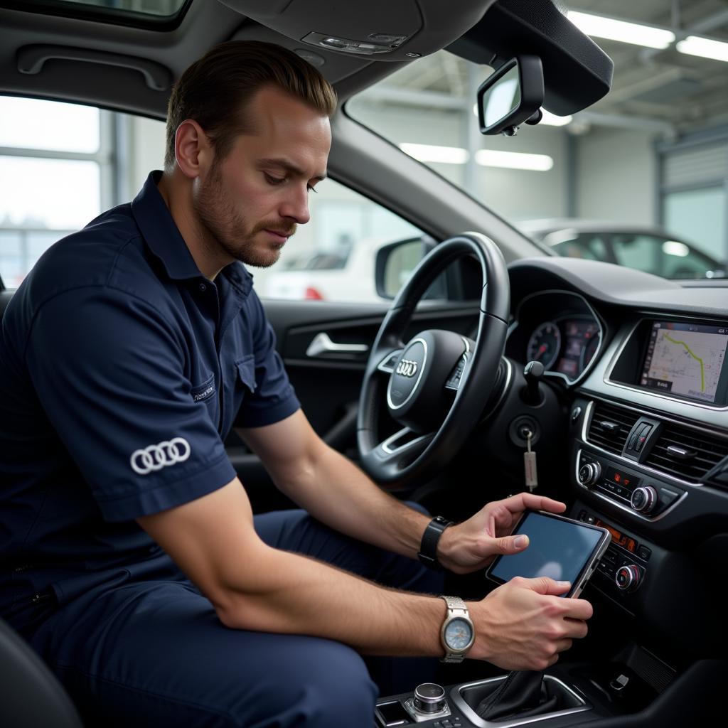 Audi Technician Repairing a Car Radio