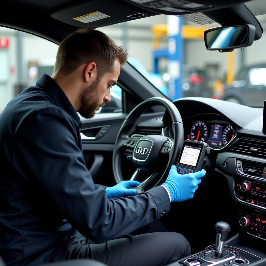 Audi Technician Diagnosing Steering Column Issue