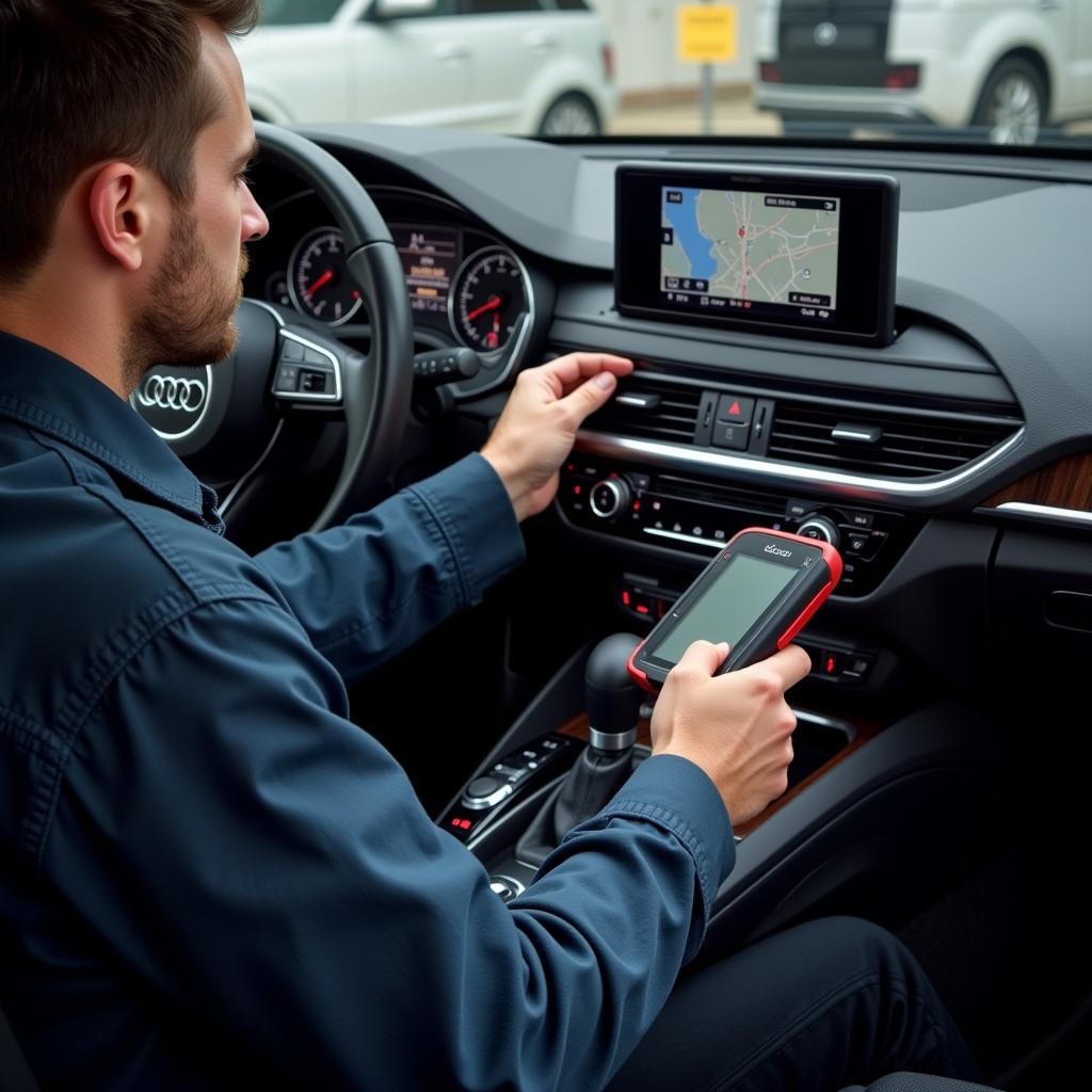 Audi Technician Working on RNS-E Navigation Plus Unit