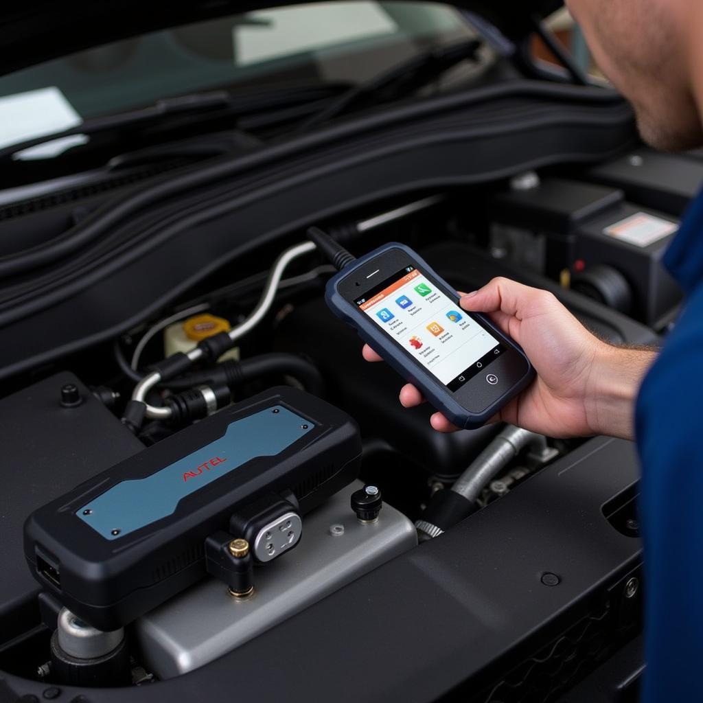 Mechanic Using Autel Scanner on a Vehicle