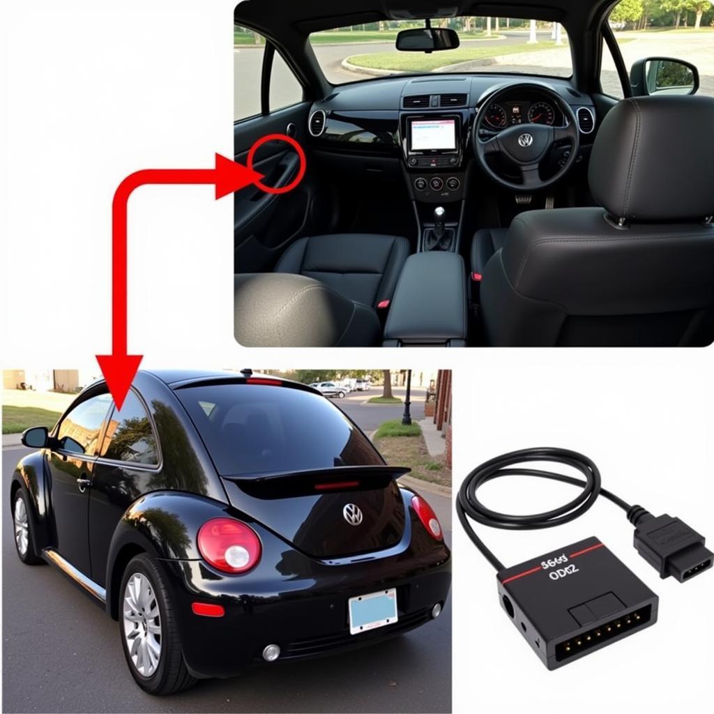 Connecting VCDS to C5 AT Beetle OBD Port: Photo of a hand connecting a VCDS interface cable to the OBD-II port of a C5 AT Beetle.