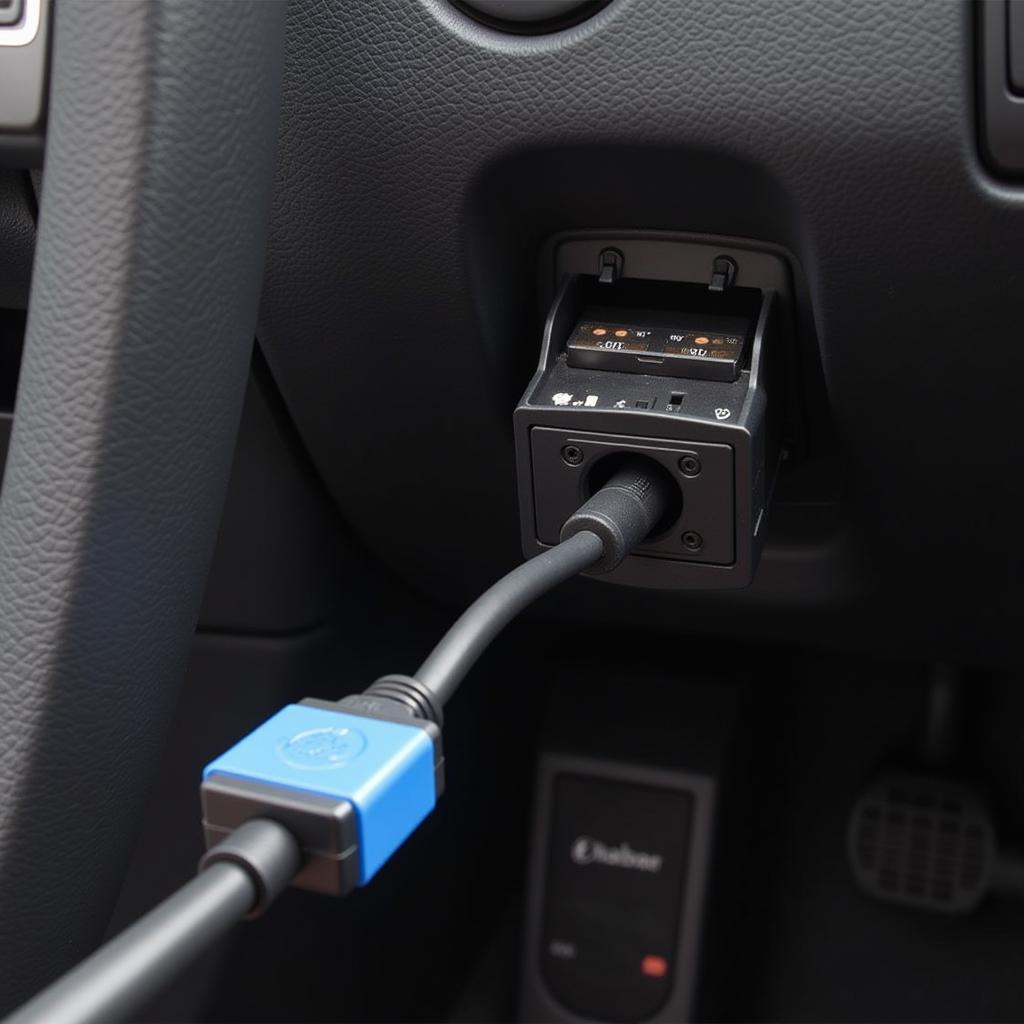 Close-Up of VCDS Cable Connected to Passat B7 OBD-II Port