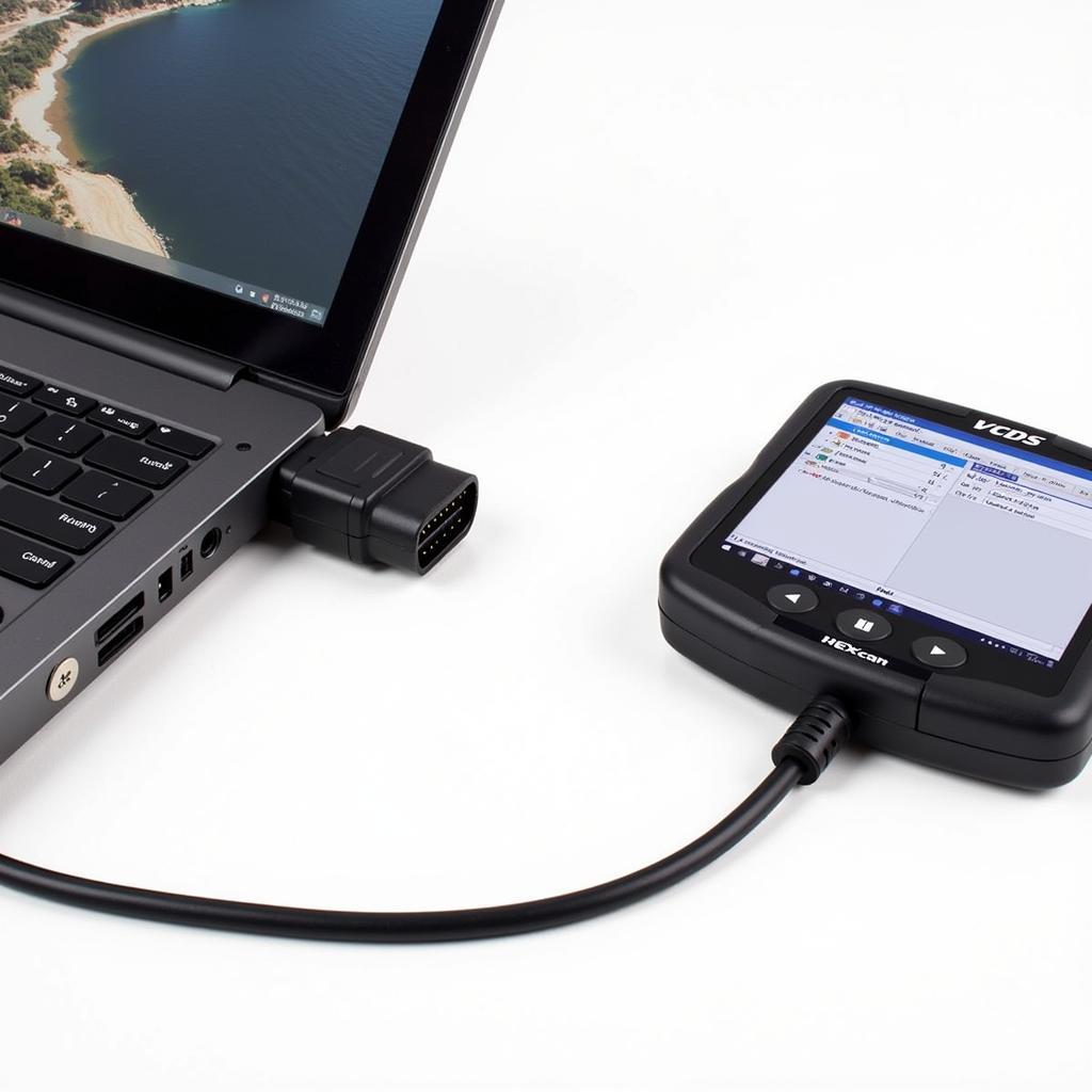 HEX CAN VCDS Interface Connected to a Car's OBD Port