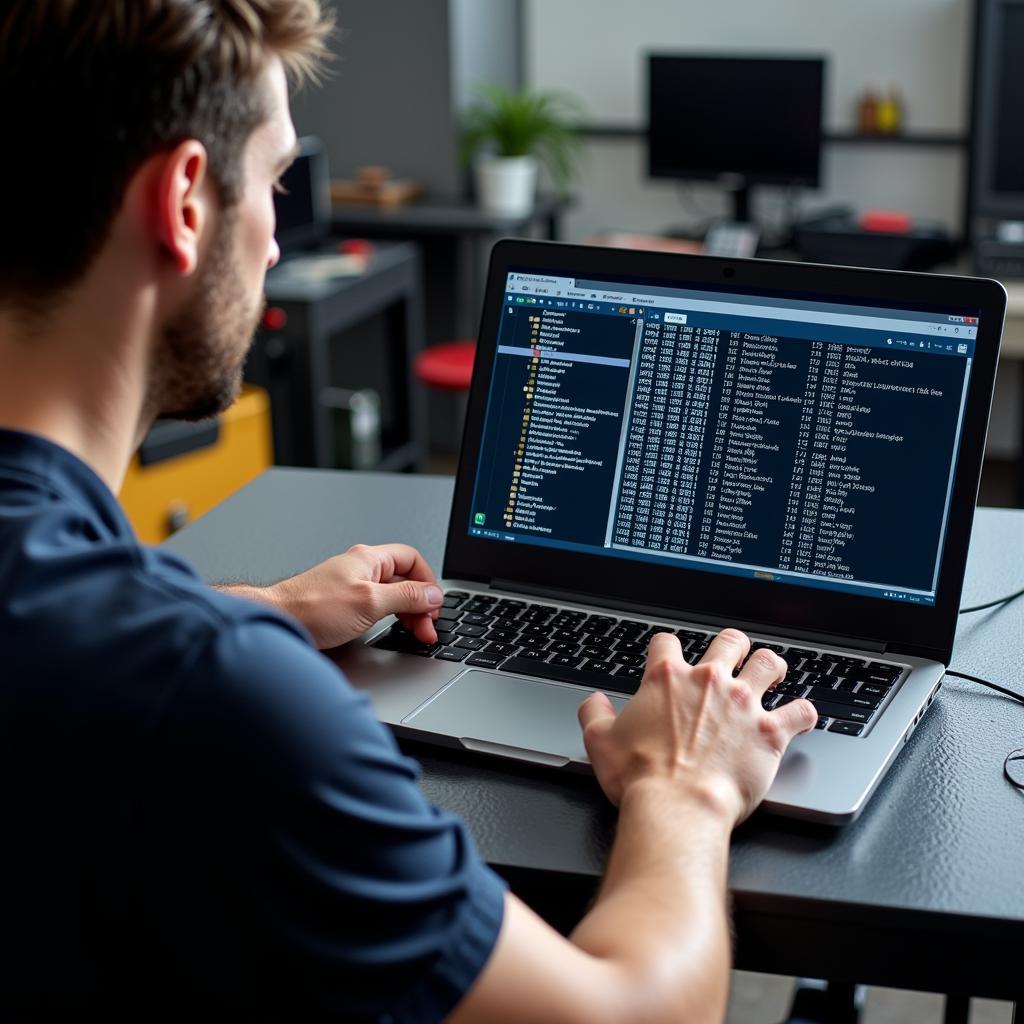 Mechanic Analyzing Hexadecimal Data on a Laptop Using VCDS