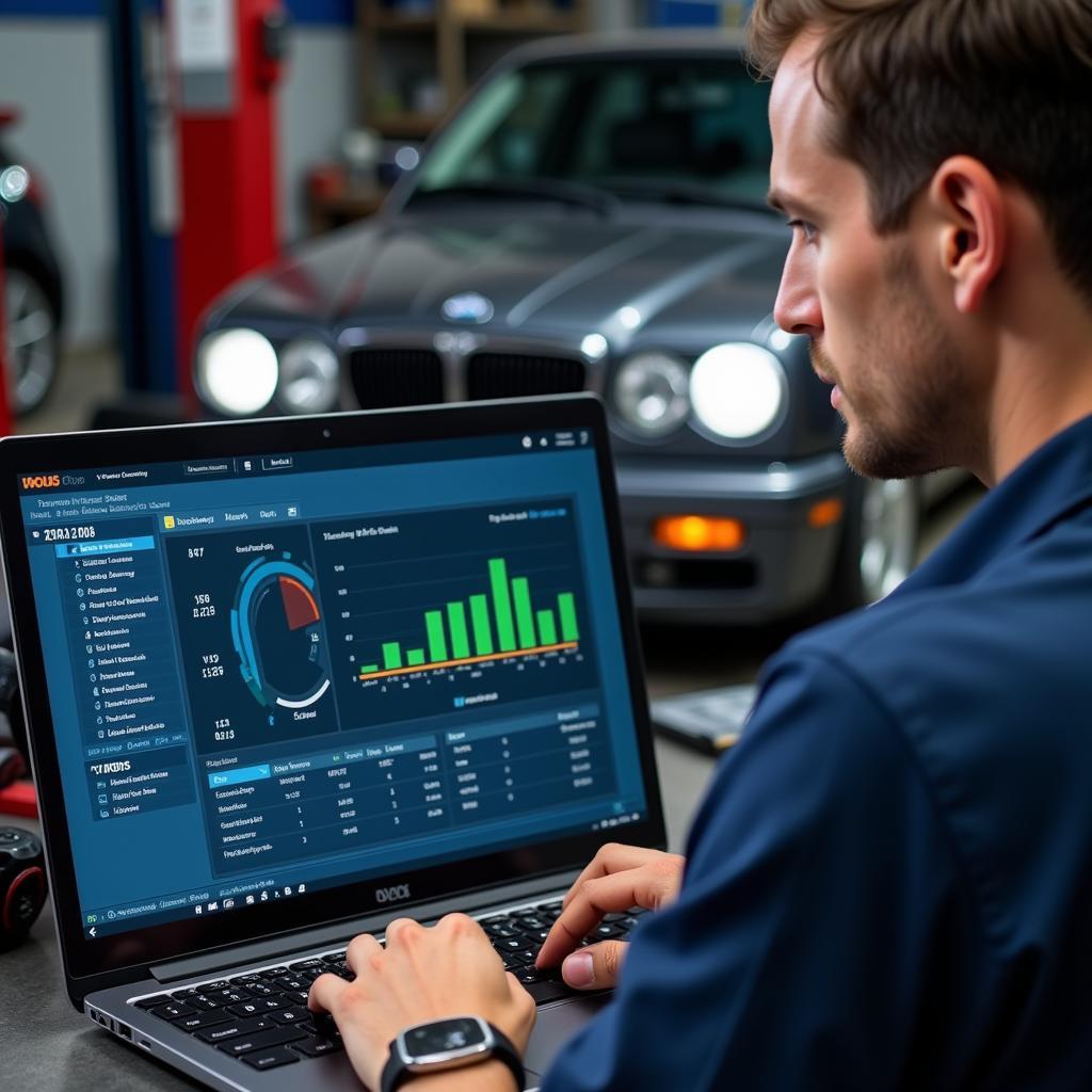 Mechanic Analyzing VCDS Data on Laptop