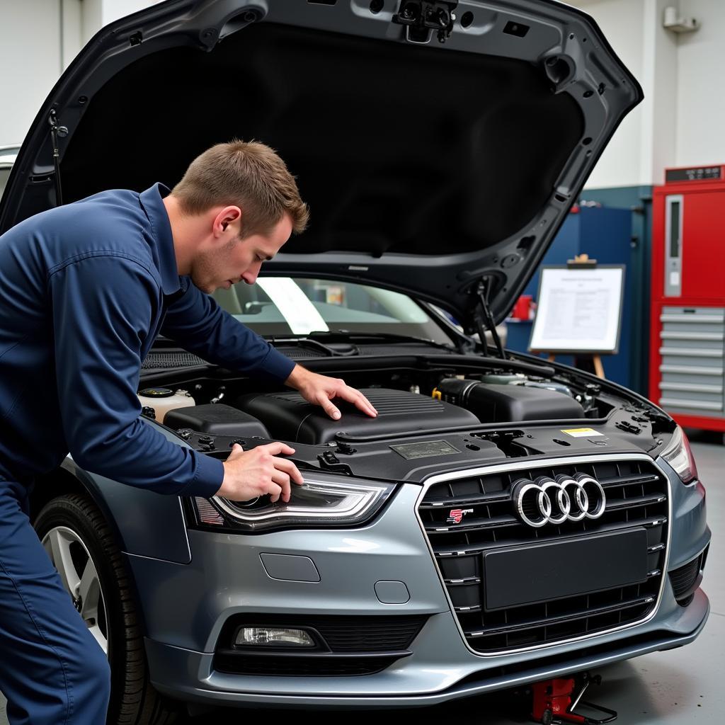 Mechanic Checking Audi A4 3.0 TDI Engine