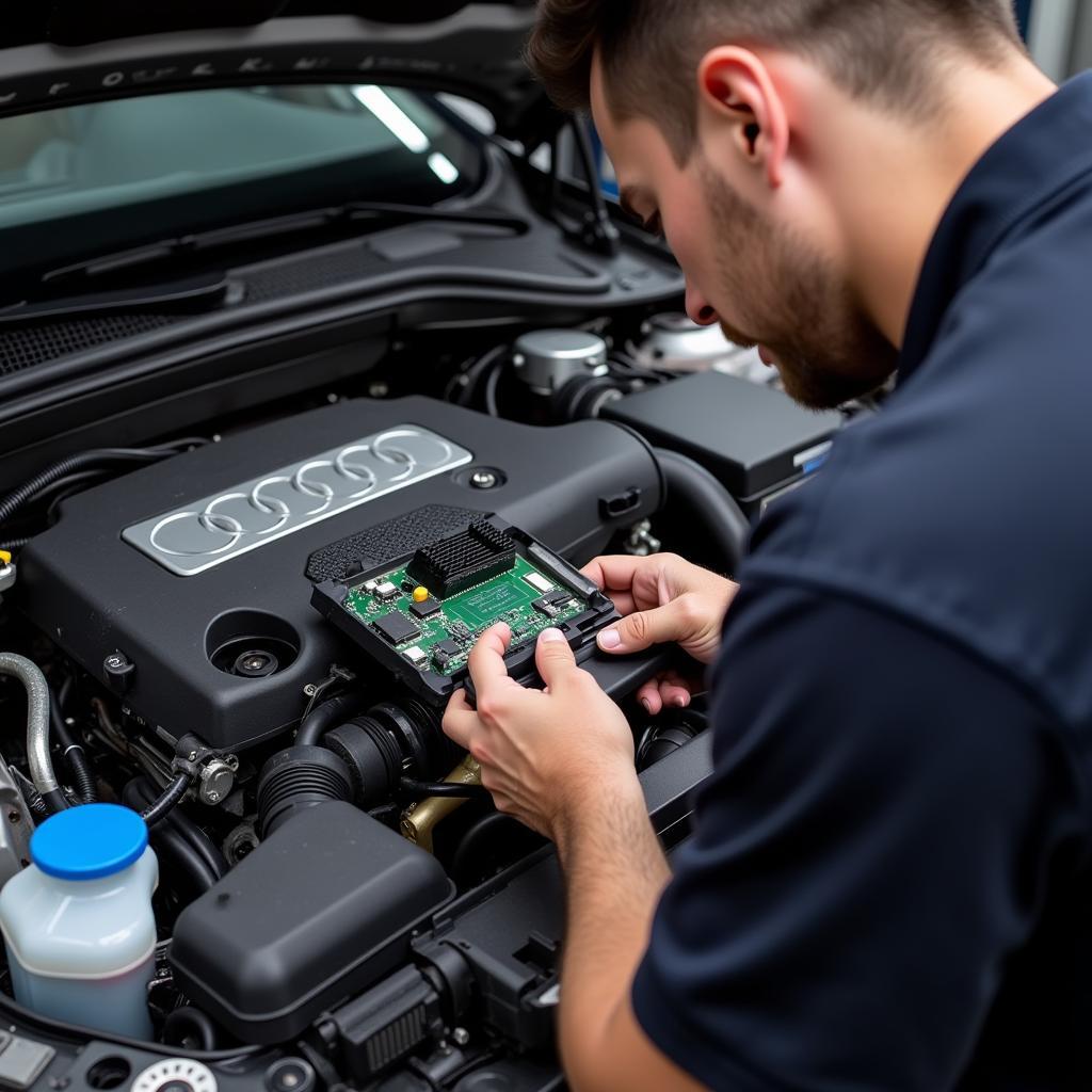 Mechanic Checking Audi PCM for 18010 Fault