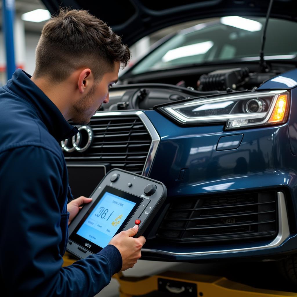 Mechanic Diagnosing Audi A4 Using Diagnostic Tools